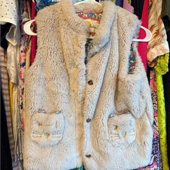Mini Boden Cream Furry Kids Vest with Cat Design EUC size 11-12 - Picture 2 of 4
